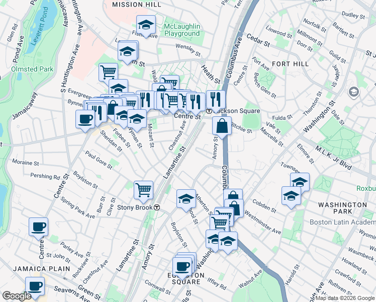 map of restaurants, bars, coffee shops, grocery stores, and more near 250 Centre Street in Boston