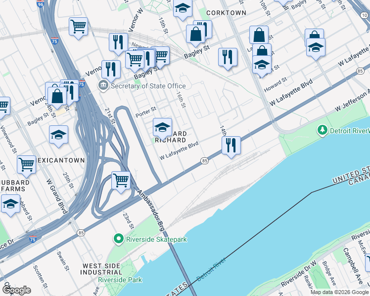 map of restaurants, bars, coffee shops, grocery stores, and more near 2520 W Lafayette Blvd in Detroit