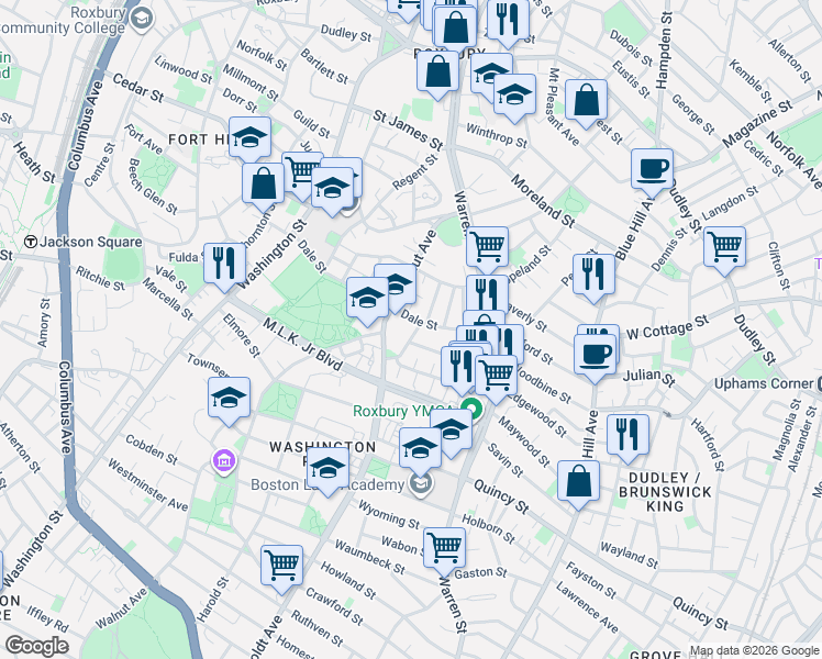 map of restaurants, bars, coffee shops, grocery stores, and more near in Boston