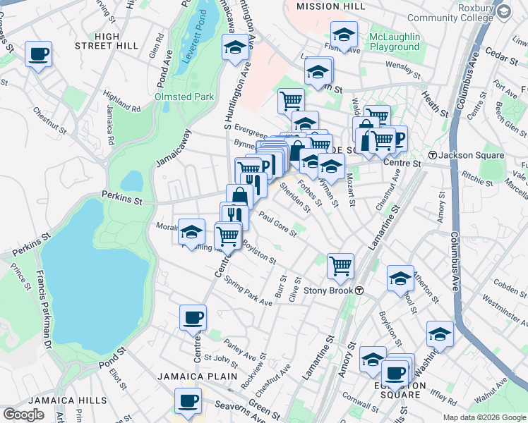 map of restaurants, bars, coffee shops, grocery stores, and more near 418 Centre Street in Boston