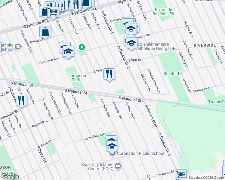 map of restaurants, bars, coffee shops, grocery stores, and more near in Windsor