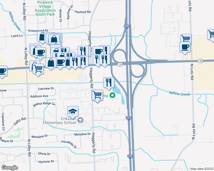 map of restaurants, bars, coffee shops, grocery stores, and more near 2000 Haggerty Road in Canton