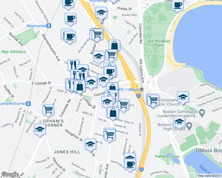 map of restaurants, bars, coffee shops, grocery stores, and more near Columbia Rd & Dorchester Ave in Boston