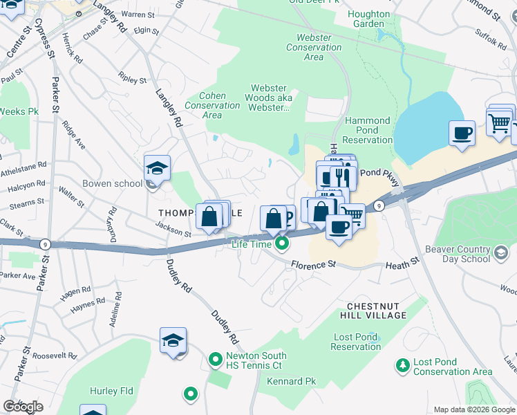 map of restaurants, bars, coffee shops, grocery stores, and more near 41 John Street in Newton