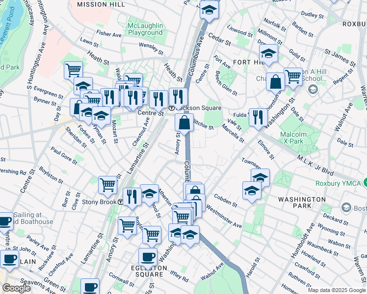 map of restaurants, bars, coffee shops, grocery stores, and more near 1601 Columbus Avenue in Boston