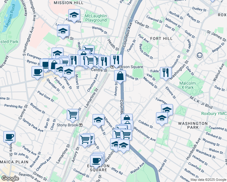 map of restaurants, bars, coffee shops, grocery stores, and more near 55-73 Amory Street in Boston