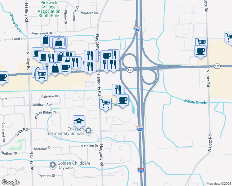 map of restaurants, bars, coffee shops, grocery stores, and more near 2000 Haggerty Road in Canton