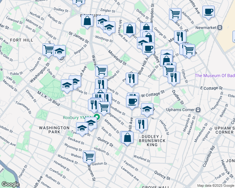 map of restaurants, bars, coffee shops, grocery stores, and more near 45 Waverly Street in Boston