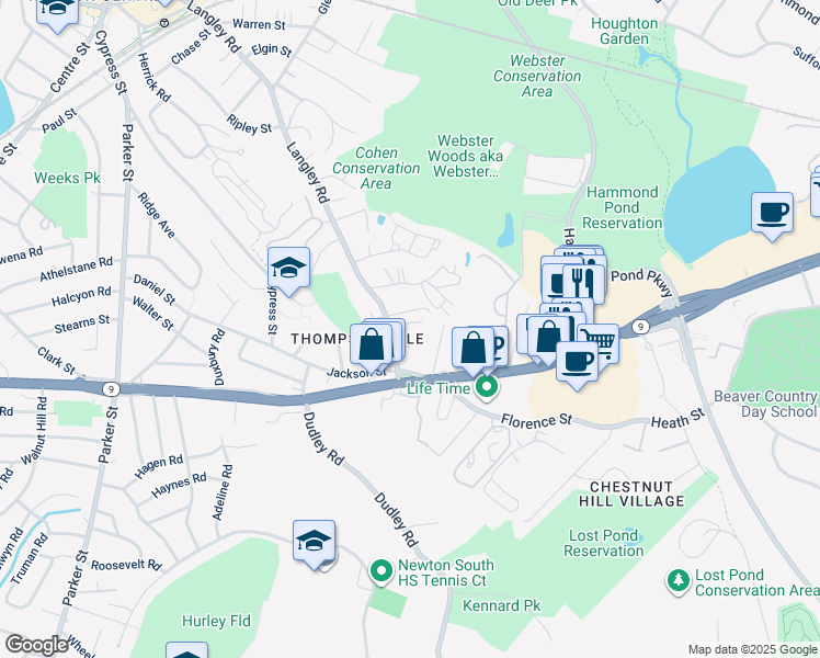 map of restaurants, bars, coffee shops, grocery stores, and more near 394 Langley Road in Newton