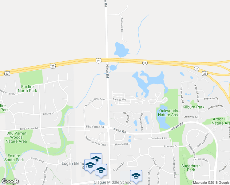 map of restaurants, bars, coffee shops, grocery stores, and more near 2765 Barclay Way in Ann Arbor