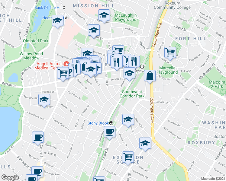 map of restaurants, bars, coffee shops, grocery stores, and more near 54 Mozart Street in Boston
