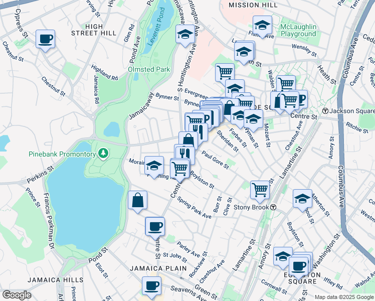 map of restaurants, bars, coffee shops, grocery stores, and more near 403 South Huntington Avenue in Boston