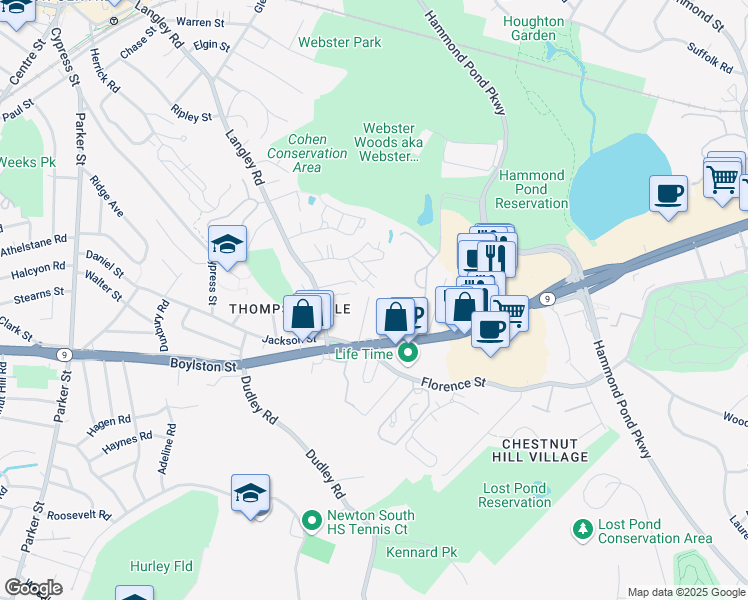 map of restaurants, bars, coffee shops, grocery stores, and more near 250 Hammond Pond Parkway in Newton