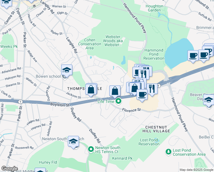 map of restaurants, bars, coffee shops, grocery stores, and more near 250 Hammond Pond Parkway in Newton