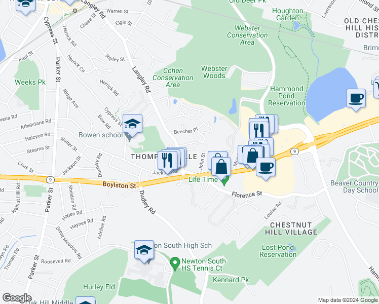 map of restaurants, bars, coffee shops, grocery stores, and more near 78 John Street in Newton