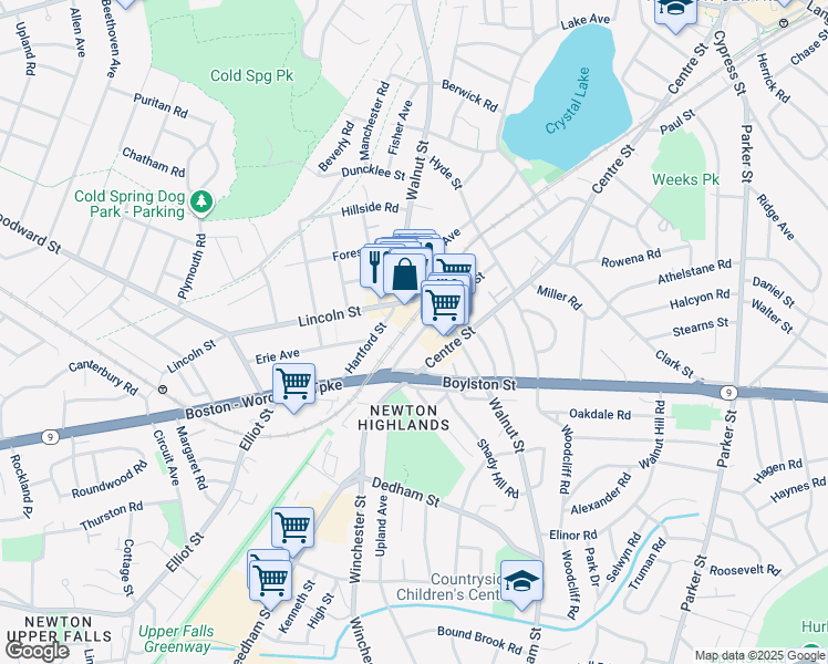 map of restaurants, bars, coffee shops, grocery stores, and more near 77 Floral Street in Newton