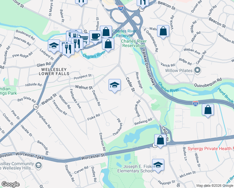 map of restaurants, bars, coffee shops, grocery stores, and more near 33R Cedar Street in Wellesley