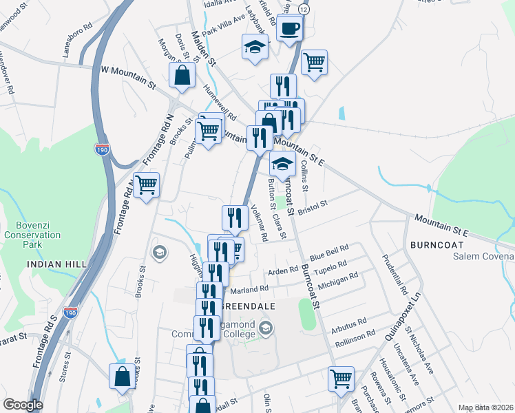map of restaurants, bars, coffee shops, grocery stores, and more near 46 Volkmar Road in Worcester