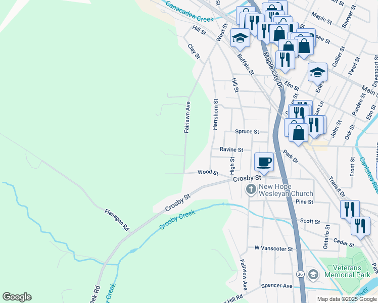map of restaurants, bars, coffee shops, grocery stores, and more near 4 Fairlawn Avenue in Hornell