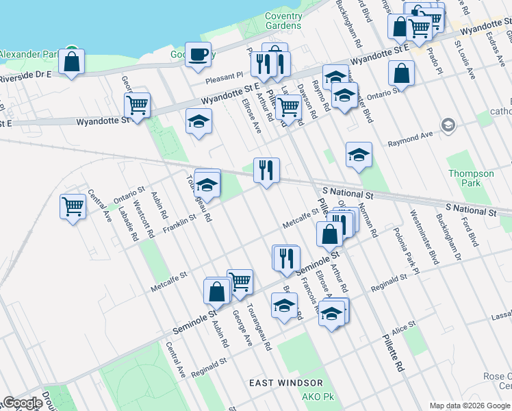 map of restaurants, bars, coffee shops, grocery stores, and more near 1308 Bernard Road in Windsor
