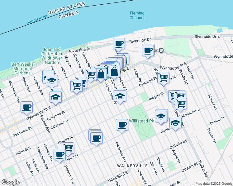 map of restaurants, bars, coffee shops, grocery stores, and more near 752 Chilver Road in Windsor
