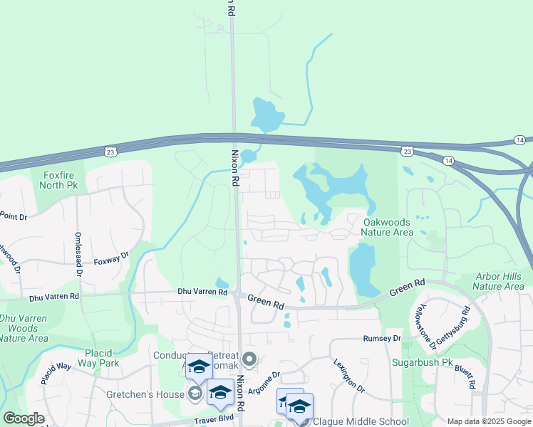 map of restaurants, bars, coffee shops, grocery stores, and more near 2819 Barclay Way in Ann Arbor