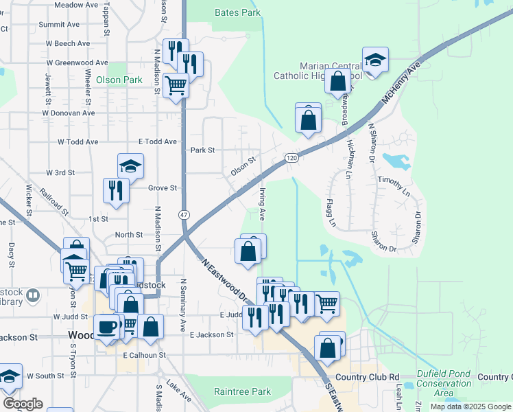 map of restaurants, bars, coffee shops, grocery stores, and more near 717 Irving Avenue in Woodstock