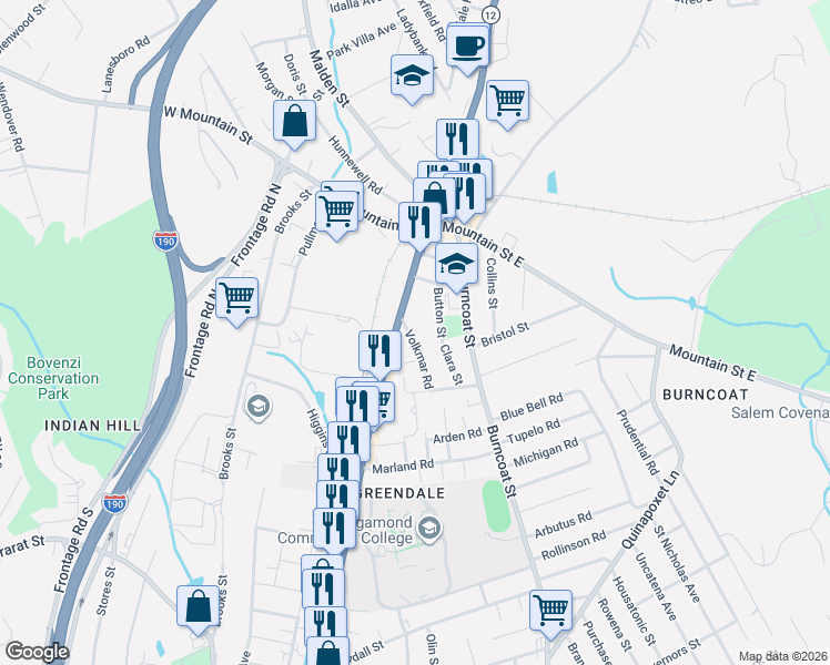 map of restaurants, bars, coffee shops, grocery stores, and more near 42 Volkmar Road in Worcester