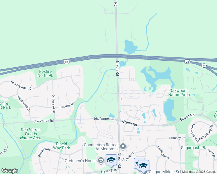 map of restaurants, bars, coffee shops, grocery stores, and more near 3081 North Spurway Drive in Ann Arbor