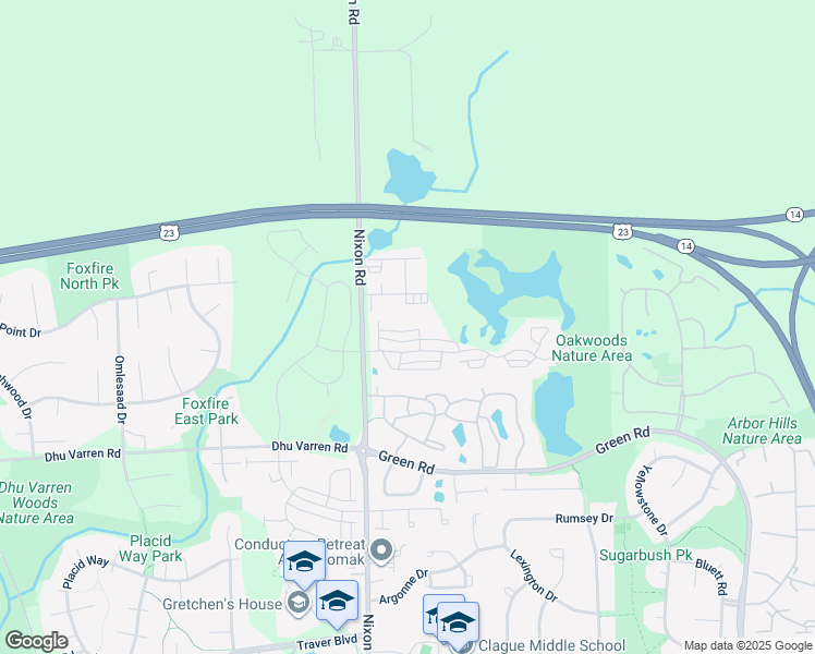 map of restaurants, bars, coffee shops, grocery stores, and more near 2819 Barclay Way in Ann Arbor