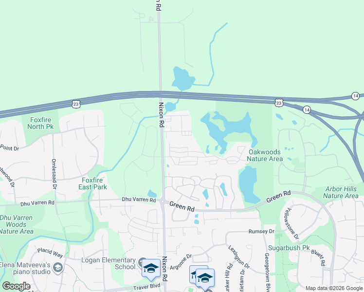 map of restaurants, bars, coffee shops, grocery stores, and more near 2819 Barclay Way in Ann Arbor