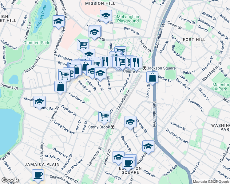 map of restaurants, bars, coffee shops, grocery stores, and more near 54 Mozart Street in Boston