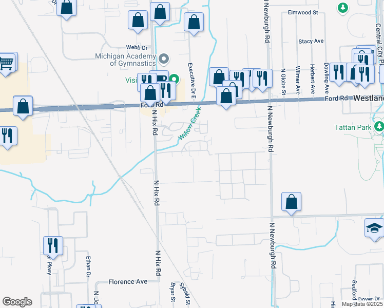 map of restaurants, bars, coffee shops, grocery stores, and more near 38153 Sherwood Street in Westland