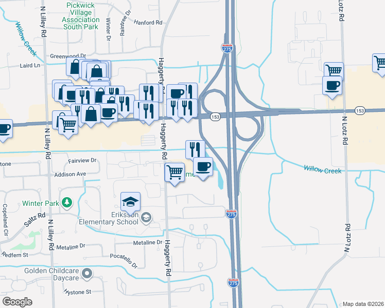 map of restaurants, bars, coffee shops, grocery stores, and more near 2000 Haggerty Road in Canton