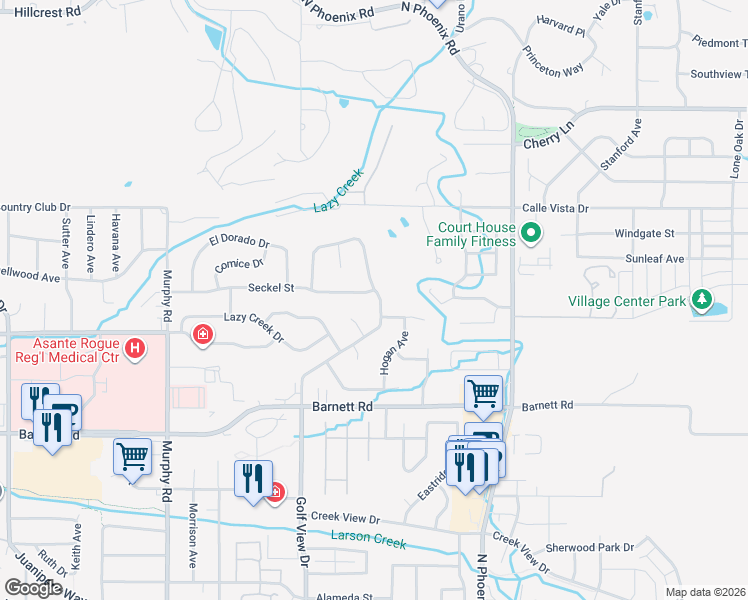 map of restaurants, bars, coffee shops, grocery stores, and more near 410 Golf View Drive in Medford