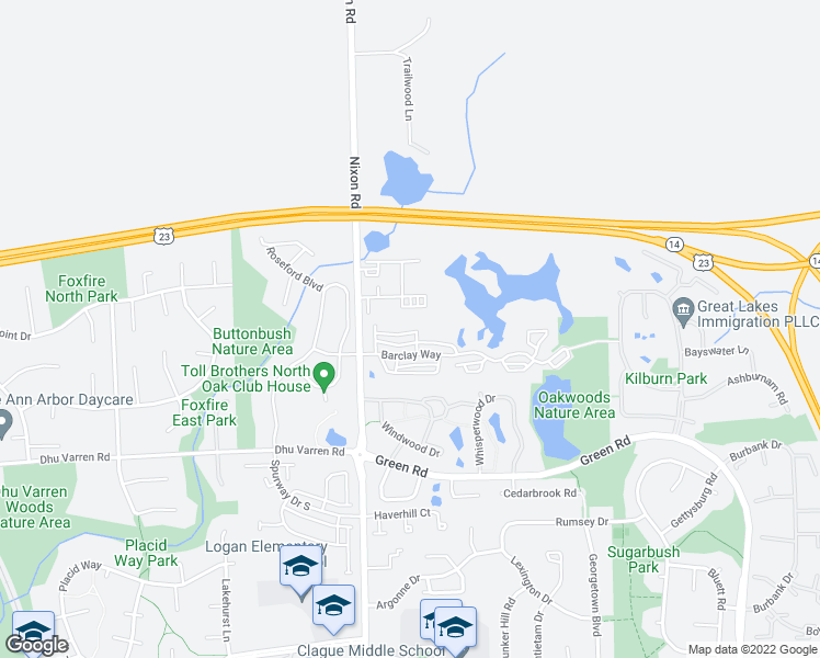 map of restaurants, bars, coffee shops, grocery stores, and more near 2823 Barclay Way in Ann Arbor