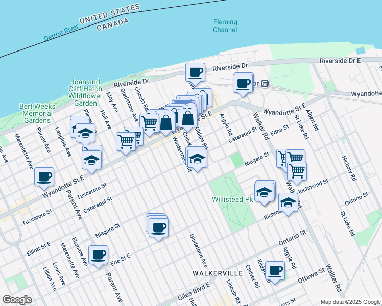 map of restaurants, bars, coffee shops, grocery stores, and more near 771 Chilver Road in Windsor