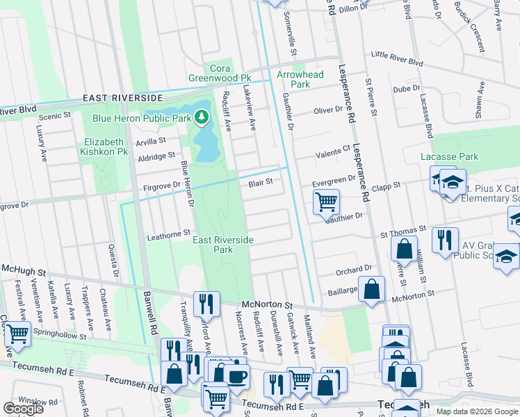 map of restaurants, bars, coffee shops, grocery stores, and more near 11941 Cobblestone Crescent in Windsor