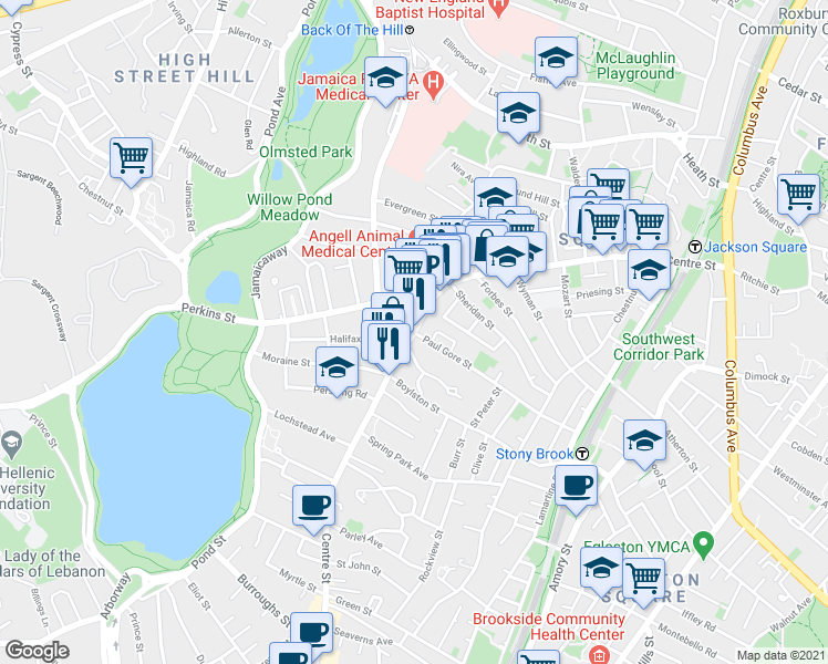 map of restaurants, bars, coffee shops, grocery stores, and more near Centre St & Paul Gore St in Boston