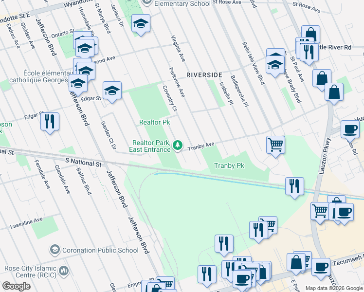 map of restaurants, bars, coffee shops, grocery stores, and more near 1290 Janisse Drive in Windsor