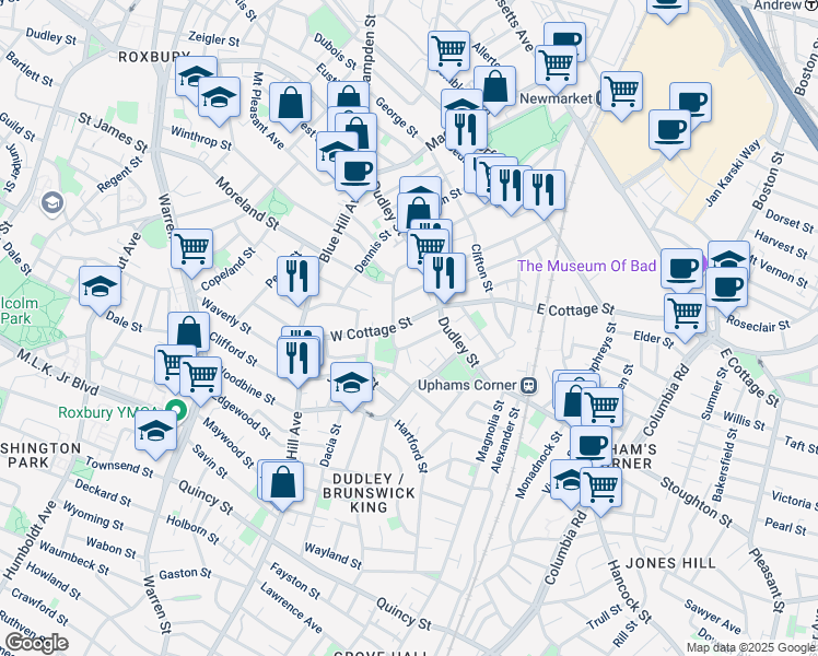 map of restaurants, bars, coffee shops, grocery stores, and more near 14 West Cottage Street in Boston