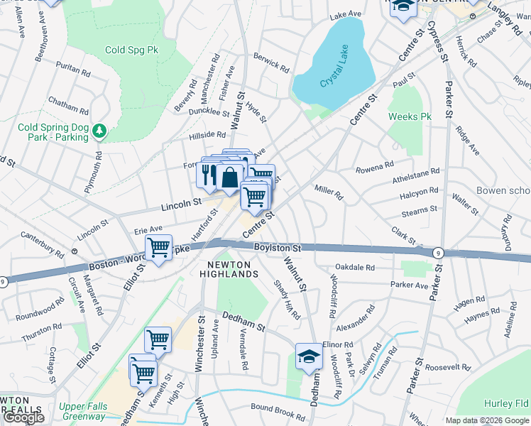 map of restaurants, bars, coffee shops, grocery stores, and more near in Newton