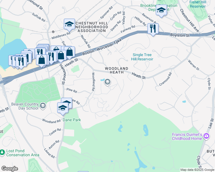 map of restaurants, bars, coffee shops, grocery stores, and more near 400 Heath Street in Brookline