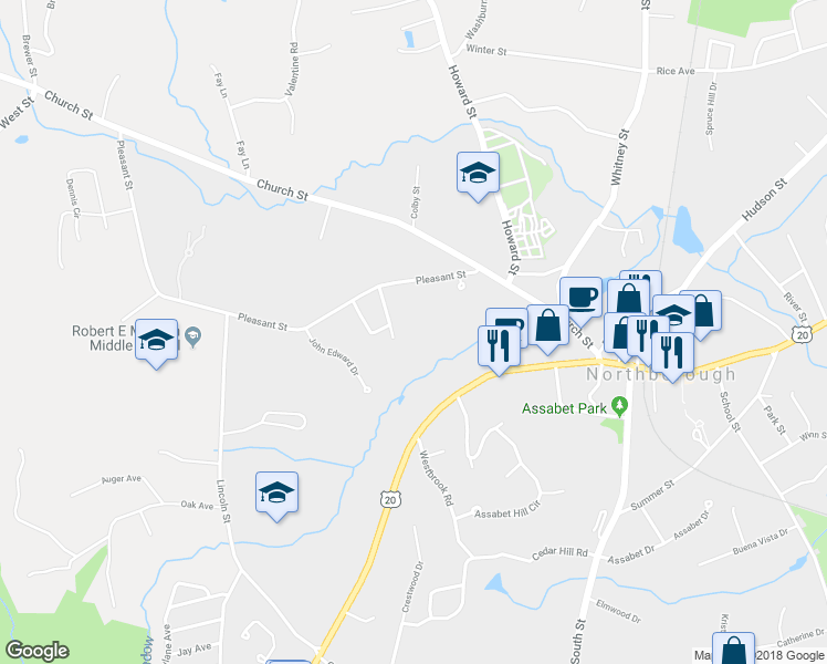 map of restaurants, bars, coffee shops, grocery stores, and more near 39-07C Pleasant Street in Northborough