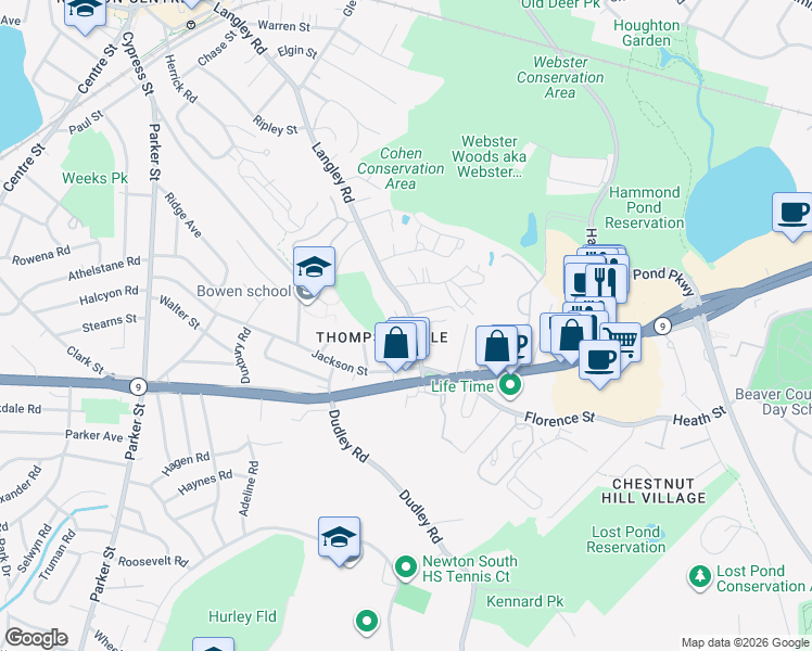 map of restaurants, bars, coffee shops, grocery stores, and more near 383 Langley Road in Newton