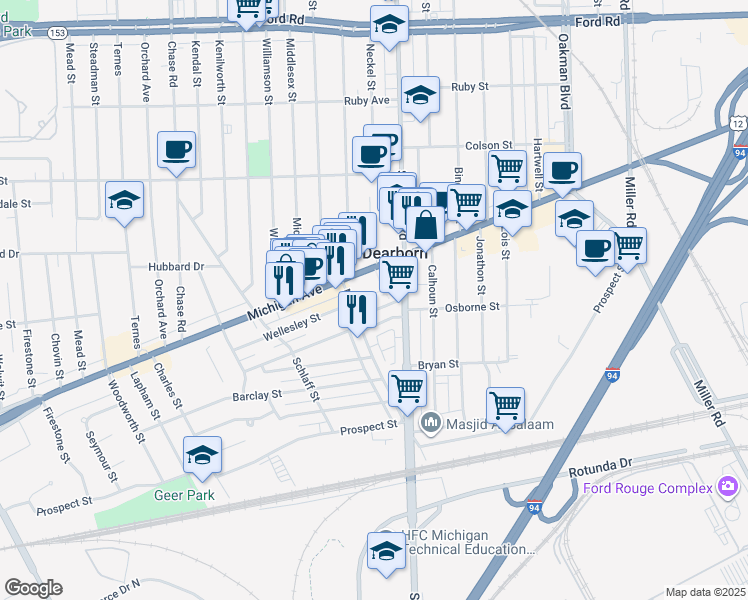 map of restaurants, bars, coffee shops, grocery stores, and more near 4700 Schaefer Road in Dearborn