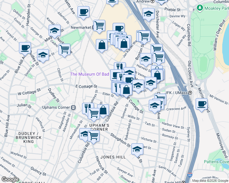 map of restaurants, bars, coffee shops, grocery stores, and more near 153 East Cottage Street in Boston