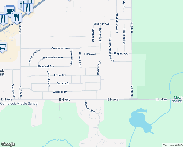 map of restaurants, bars, coffee shops, grocery stores, and more near 6637 Enola Avenue in Kalamazoo