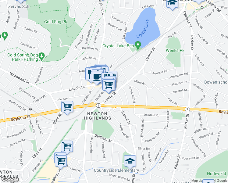 map of restaurants, bars, coffee shops, grocery stores, and more near 1625 Centre Street in Newton
