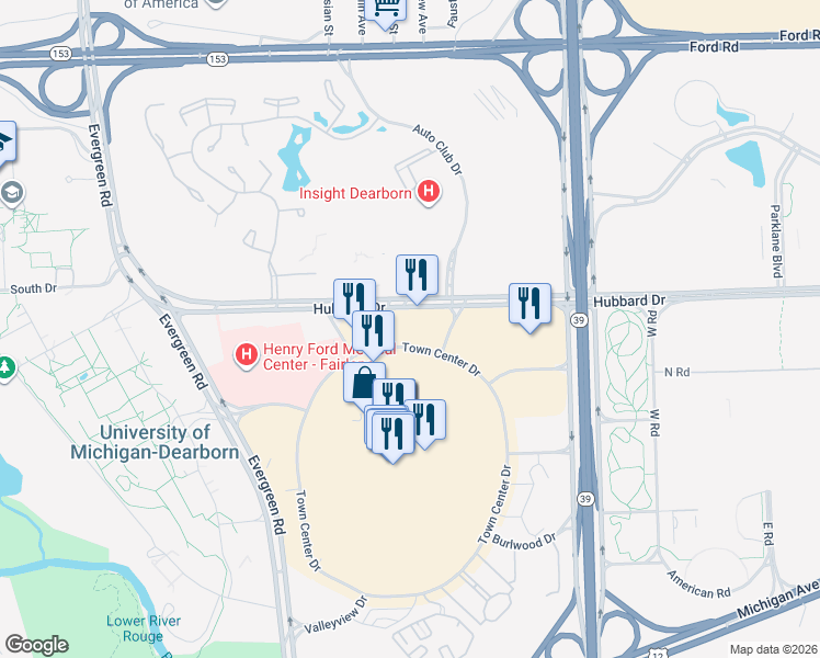 map of restaurants, bars, coffee shops, grocery stores, and more near 18601 Hubbard Drive in Dearborn